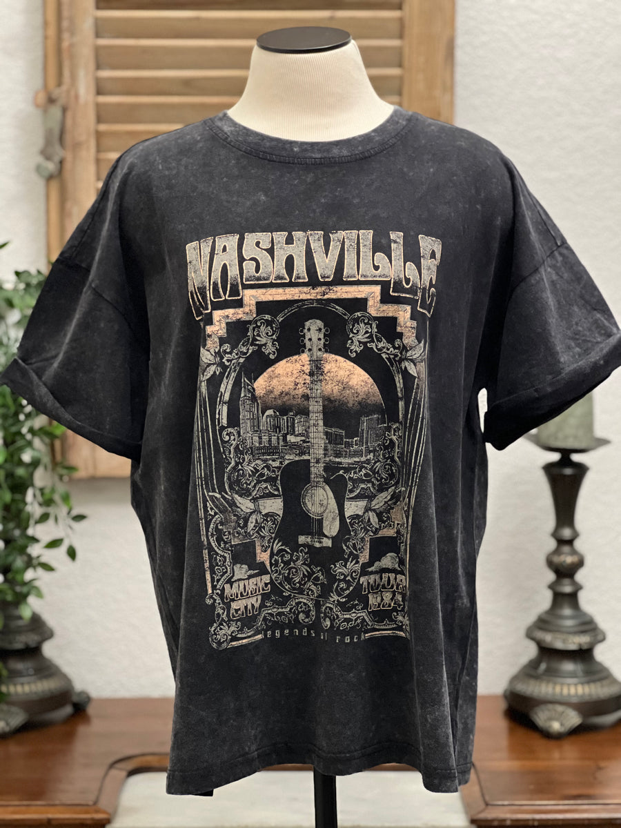 Nashville Music City Tour 1984 Short Sleeve Snow Dye Tee - Black