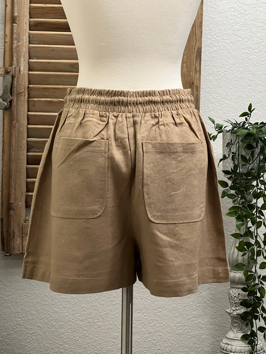 Maeve Comfy Linen Shorts with Drawstring Waist and Hip Pockets.