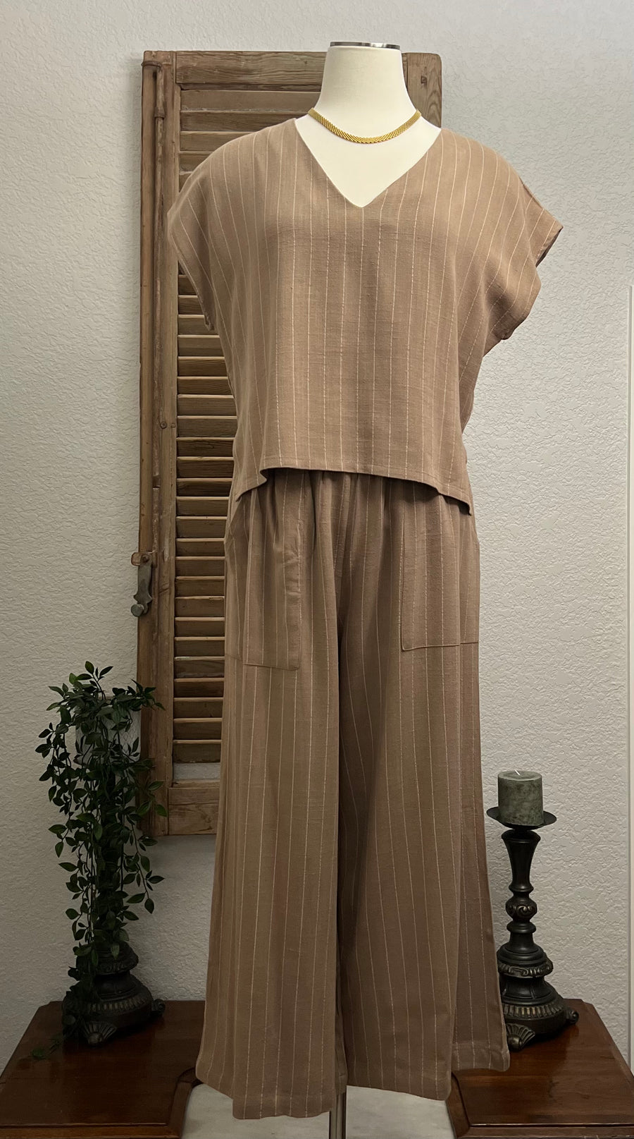Hayden Camel Pin Stripe Linen Crop Pant