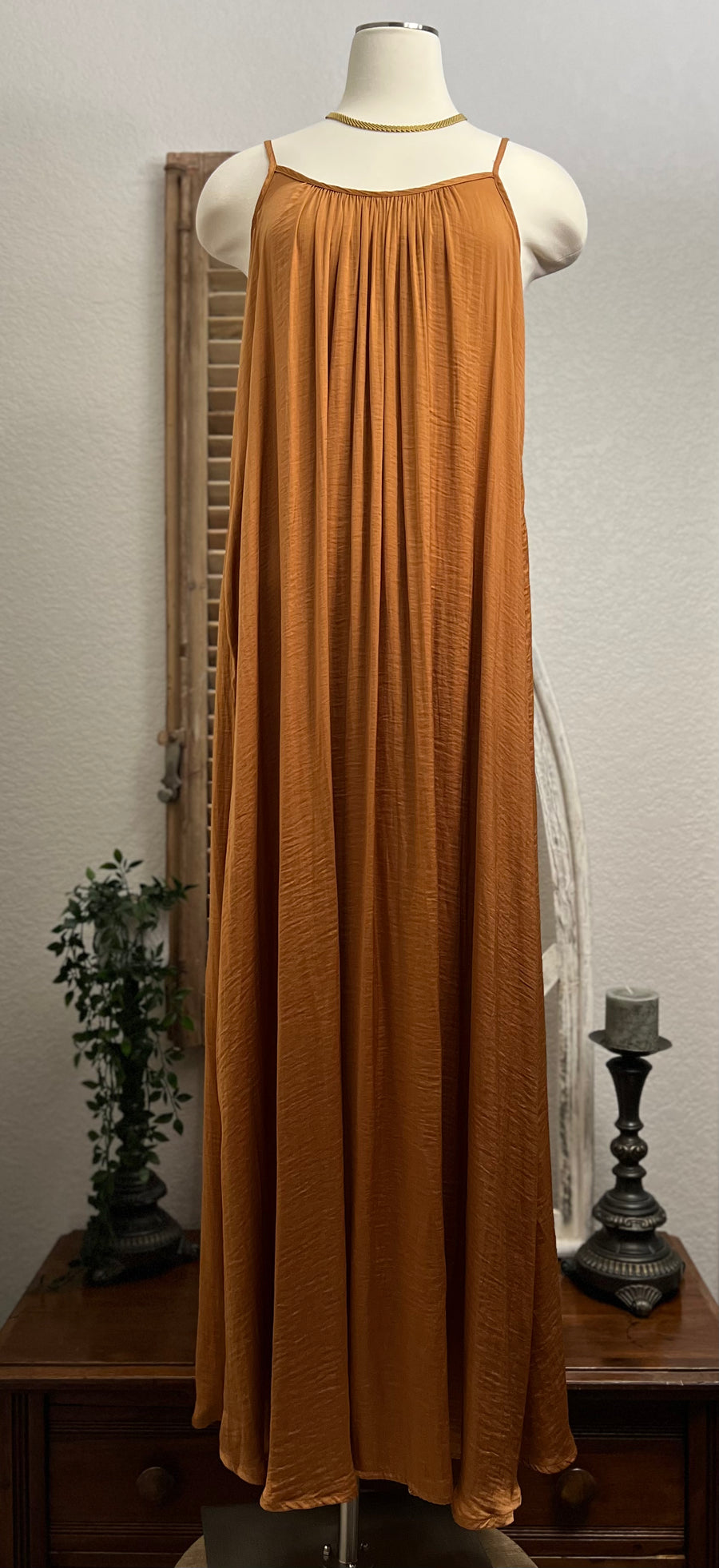 copper maxi dress Joy Free Flow Copper Satin Maxi Dress with Adjustable Spaghetti Straps – The 1408 Boutique • Lingerie