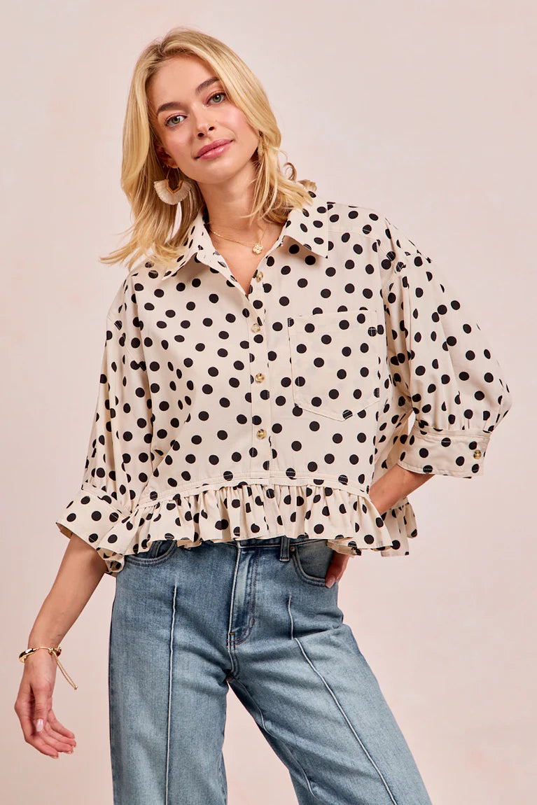 Dottie Polka Dot Ruffle Hem Button Front Top by BiBi!