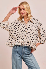 Dottie Polka Dot Ruffle Hem Button Front Top by BiBi!
