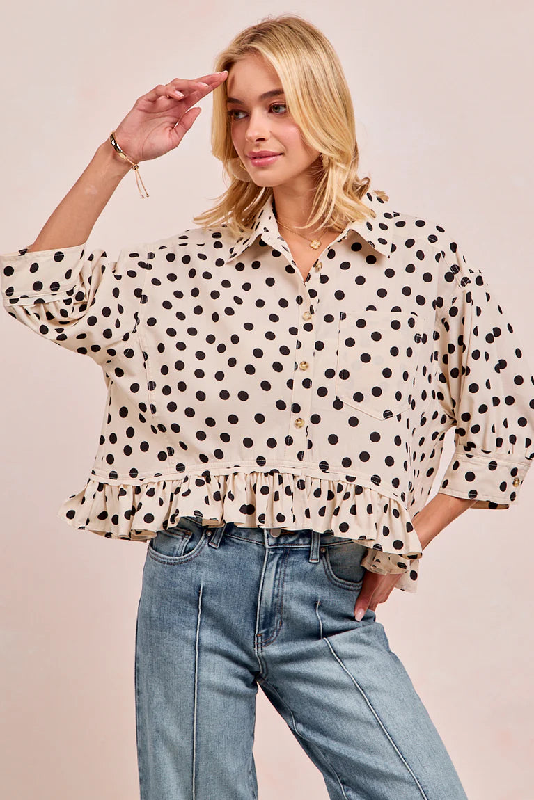 Dottie Polka Dot Ruffle Hem Button Front Top by BiBi!