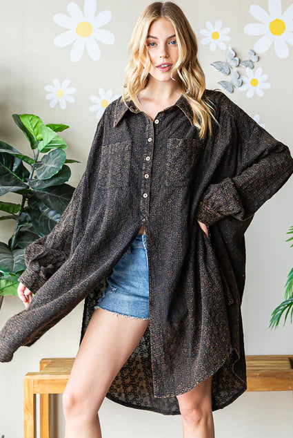 Keller Button Front Washed Embroidered Lace Boho Top