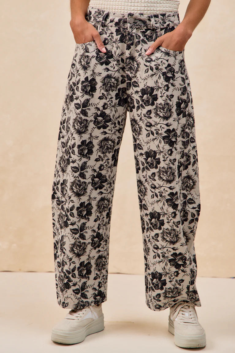 Charcoal Roses Print Barrel Pants by BiBi!