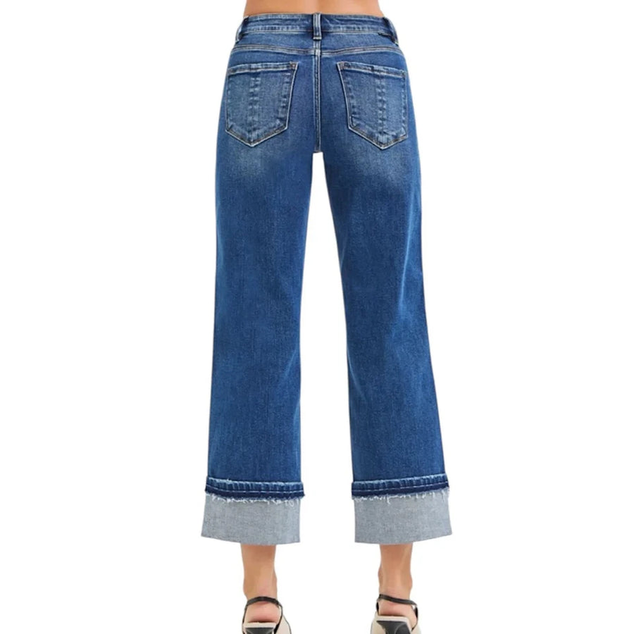 Roadhouse Mid Rise Crop Ankle Straight Cuffed Jeans