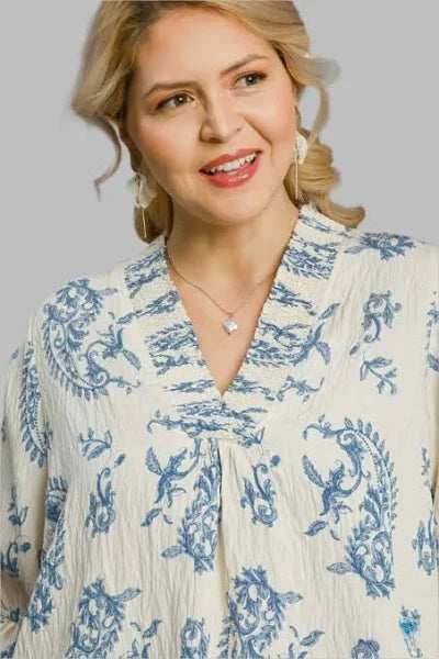 Romantic Paisley Smocked V-Neckline Top