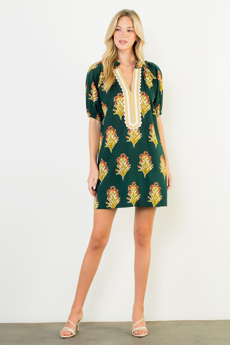 Garden Grove Floral Print Stripe Detail Mini Tunic Dress