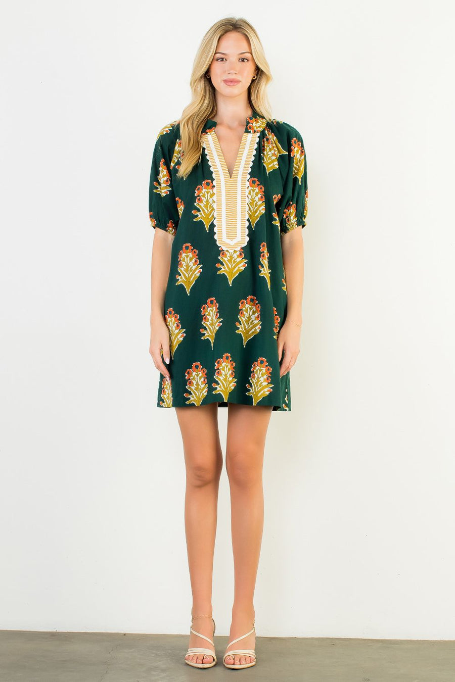 Garden Grove Floral Print Stripe Detail Mini Tunic Dress