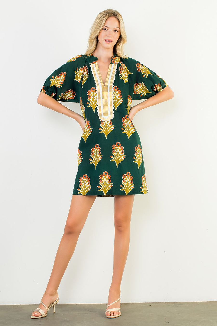 Garden Grove Floral Print Stripe Detail Mini Tunic Dress