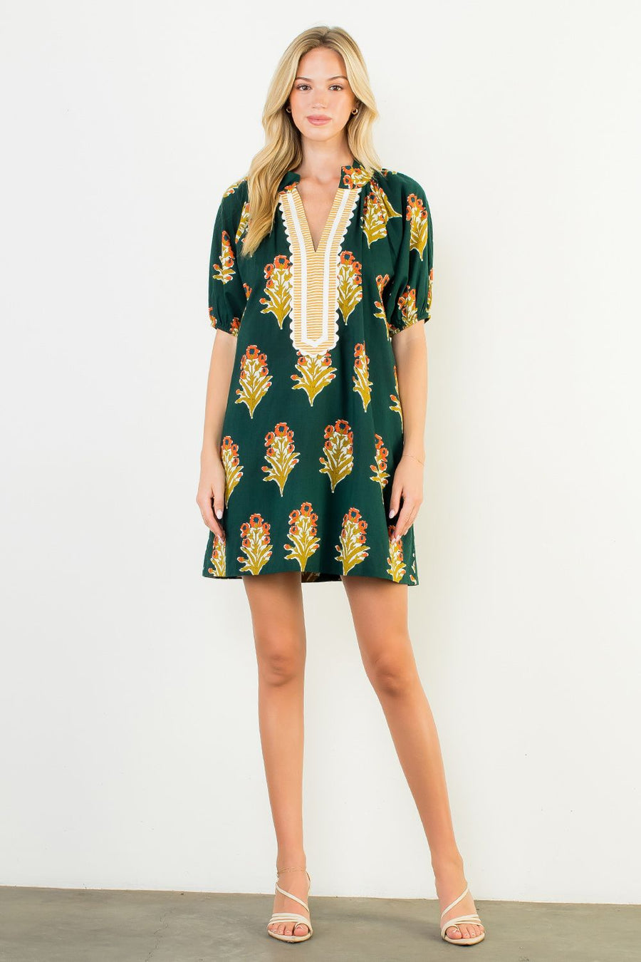 Garden Grove Floral Print Stripe Detail Mini Tunic Dress