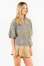 Gingham Posies Floral Embroidery Puff Sleeve Blouse by THML