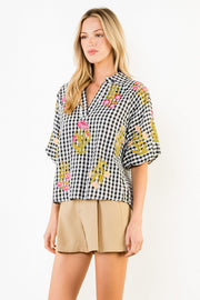 Gingham Posies Floral Embroidery Puff Sleeve Blouse by THML