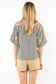 Gingham Posies Floral Embroidery Puff Sleeve Blouse by THML