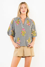 Gingham Posies Floral Embroidery Puff Sleeve Blouse by THML