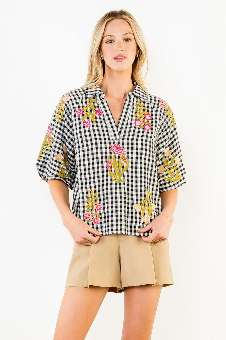 Gingham Posies Floral Embroidery Puff Sleeve Blouse by THML