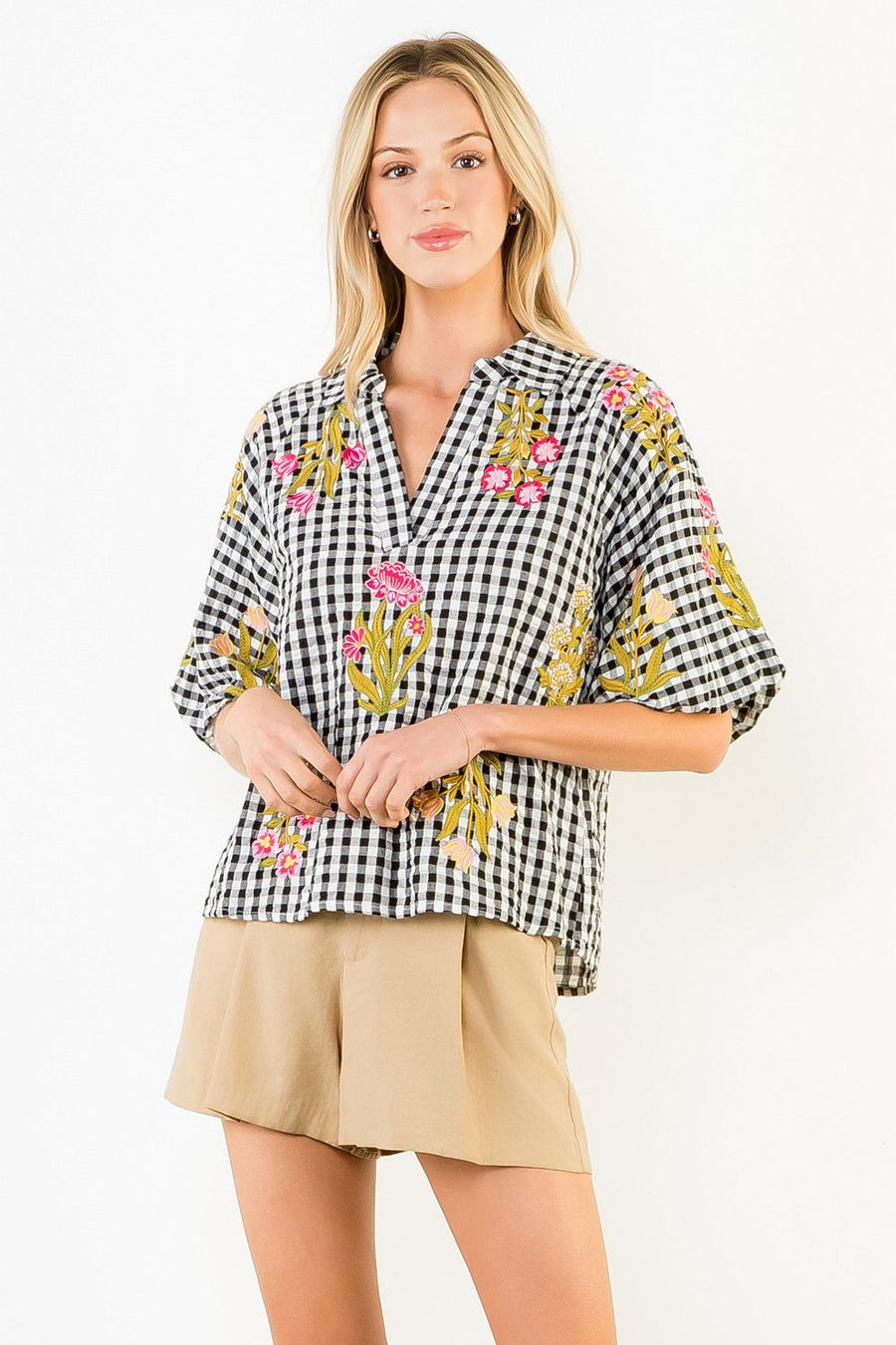 Gingham Posies Floral Embroidery Puff Sleeve Blouse by THML