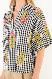 Gingham Posies Floral Embroidery Puff Sleeve Blouse by THML
