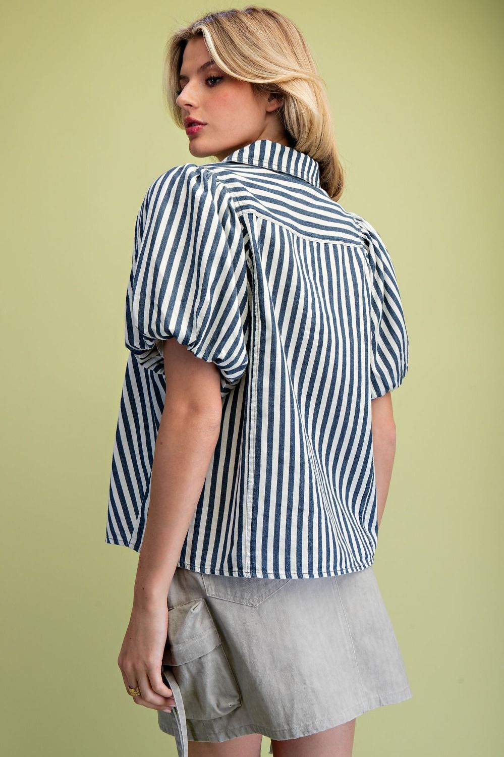 Ellie Navy Stripe Puff Sleeve Denim Button Front Shirt