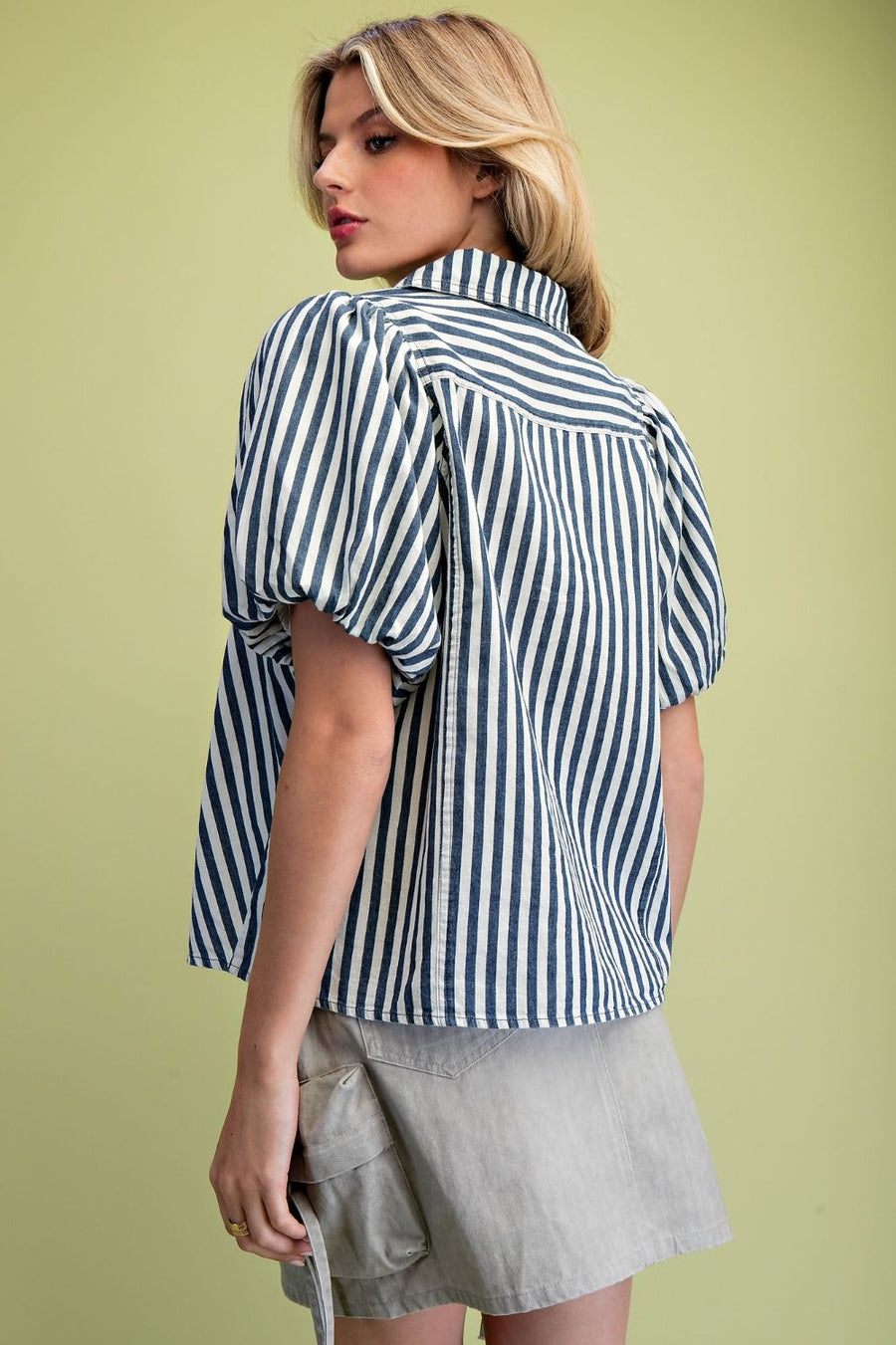Ellie Navy Stripe Puff Sleeve Denim Button Front Shirt