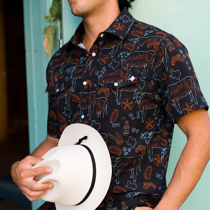 Texas BBQ Nights Pearl Snap Short Sleeve Shirt by Raised By Coyotes