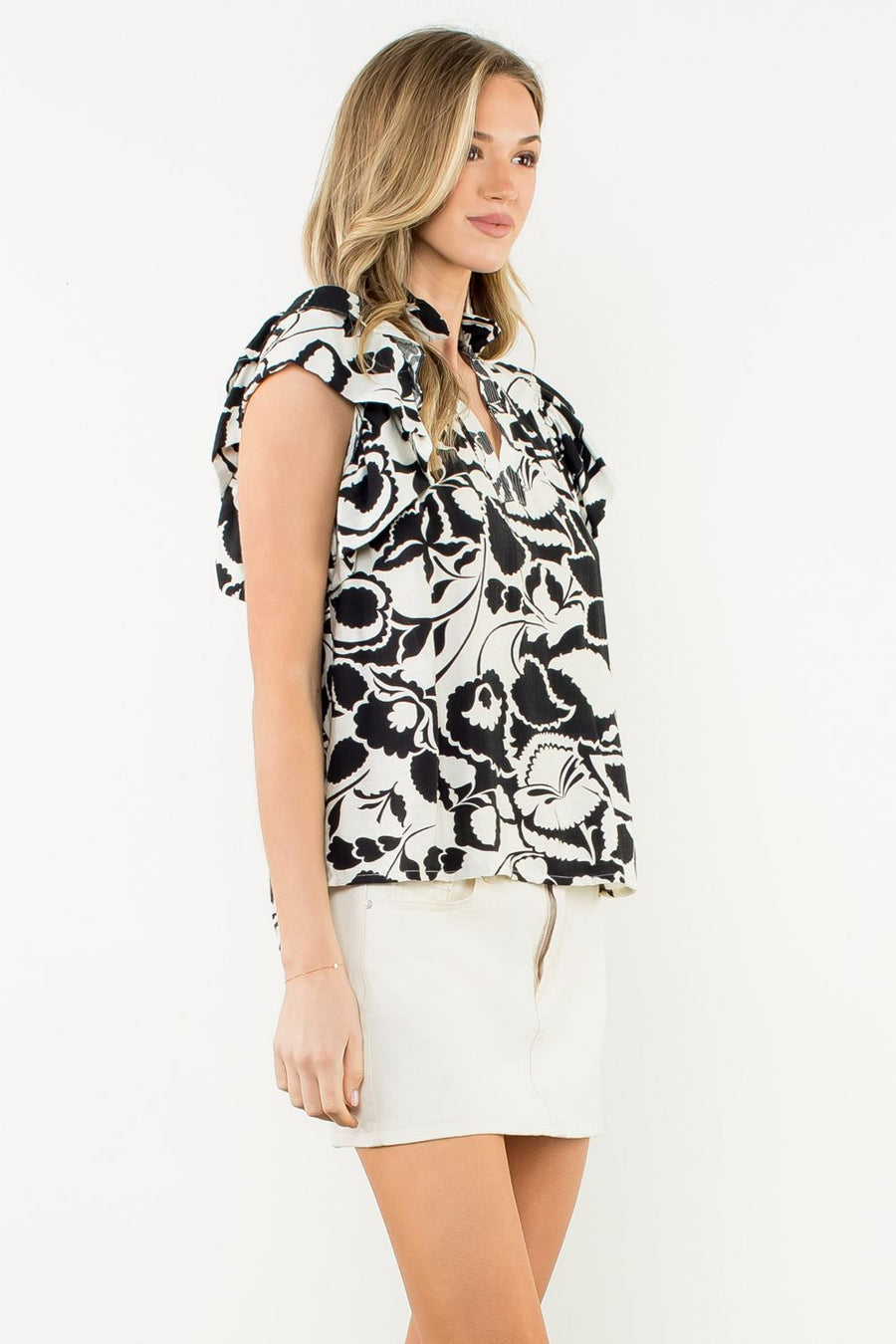 Be-Leaf in Yourself Flutter Sleeve V-Neck Print Top by THML