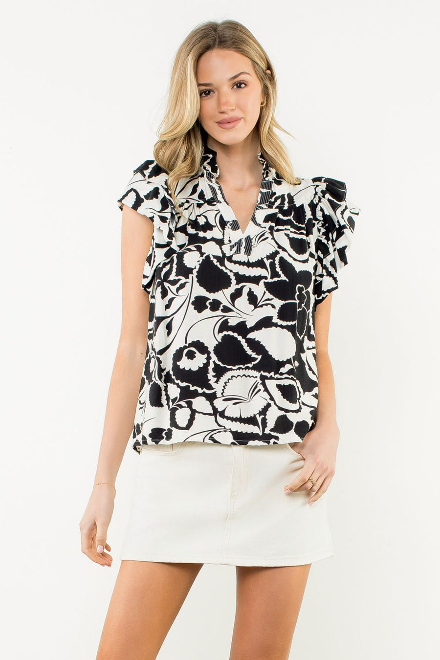 Be-Leaf in Yourself Flutter Sleeve V-Neck Print Top by THML
