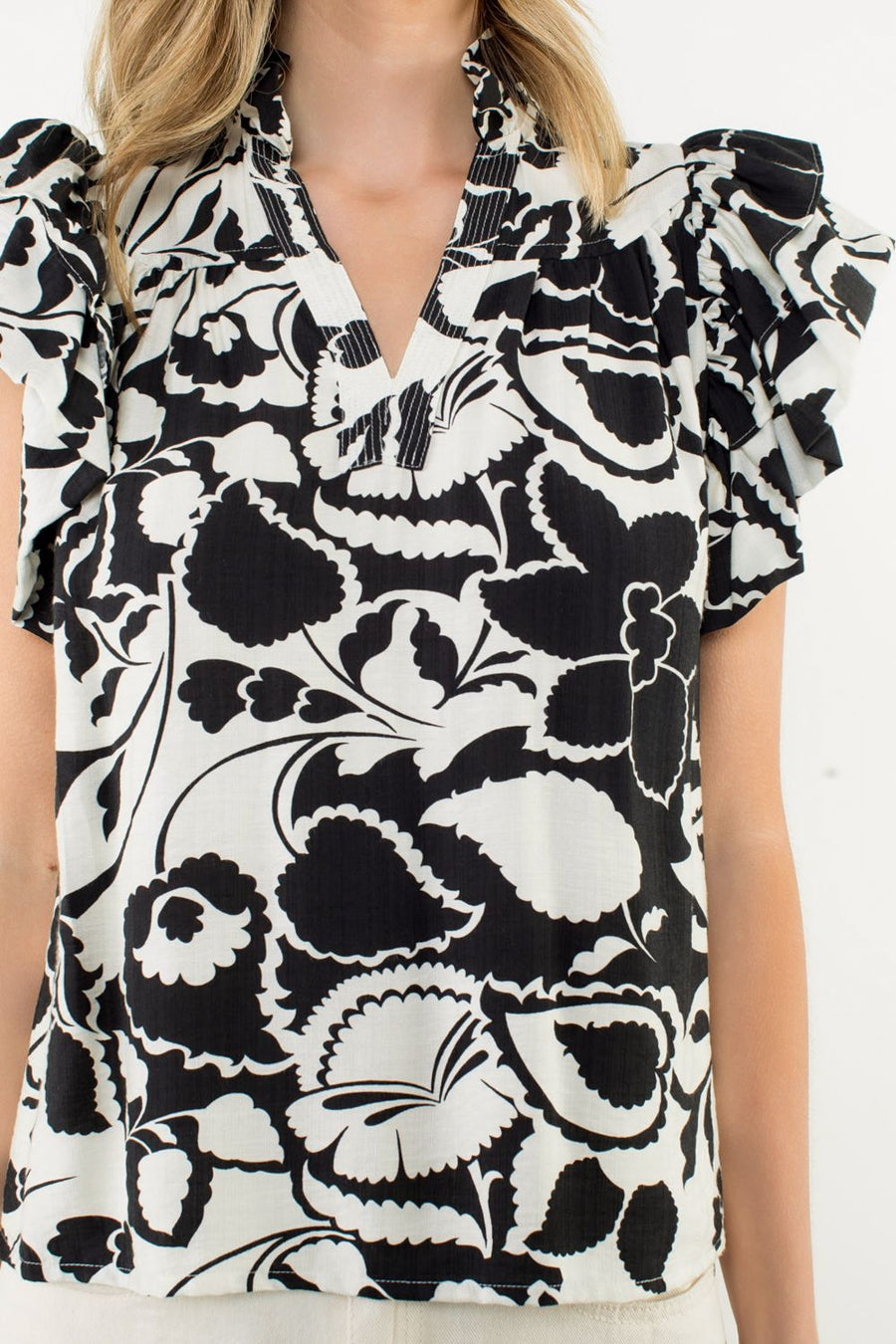 Be-Leaf in Yourself Flutter Sleeve V-Neck Print Top by THML