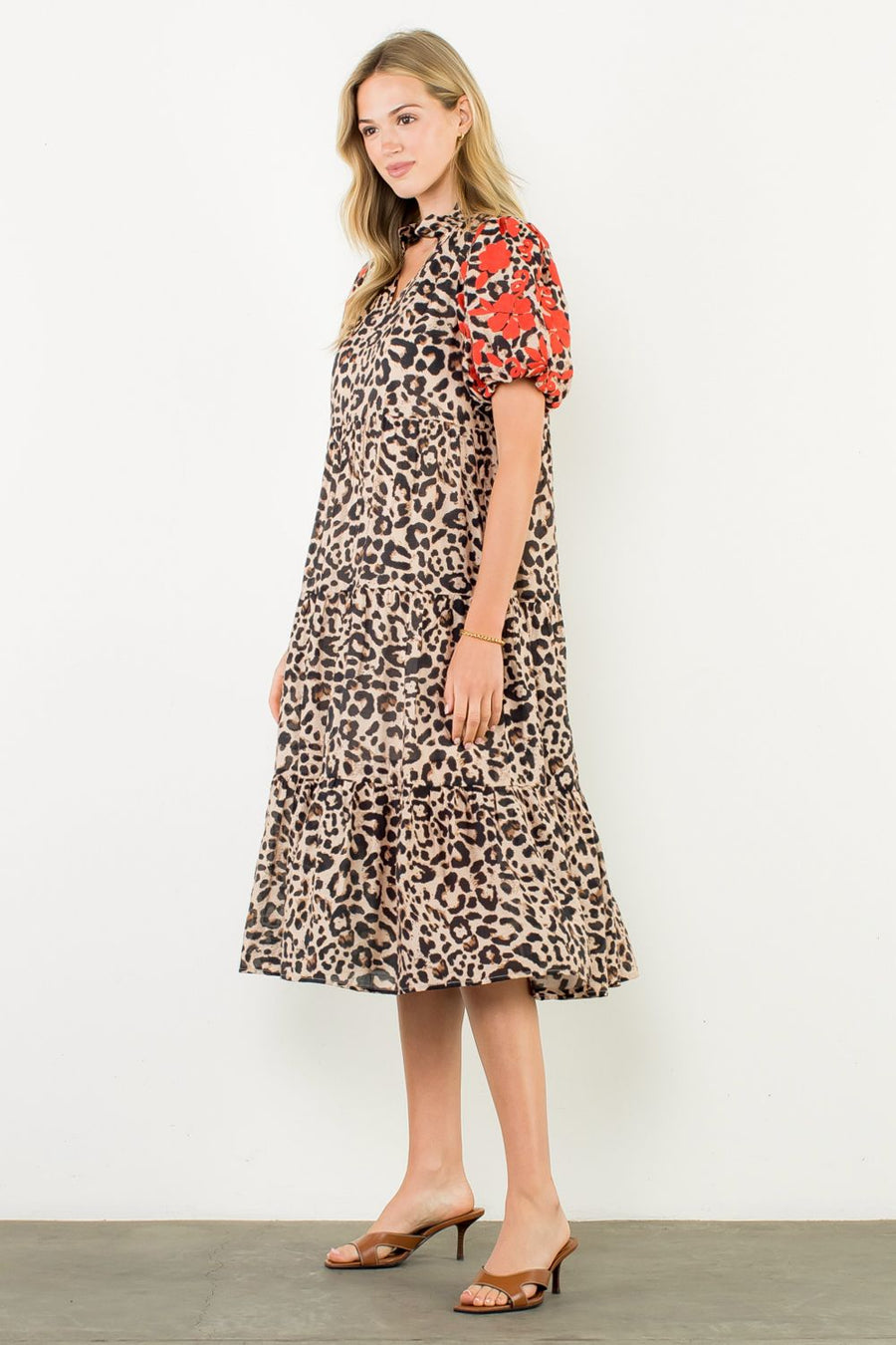 Kierra Embroidered Puff Sleeve Cheetah Midi Dress