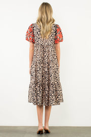 Kierra Embroidered Puff Sleeve Cheetah Midi Dress