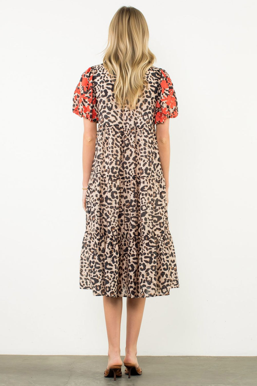 Kierra Embroidered Puff Sleeve Cheetah Midi Dress