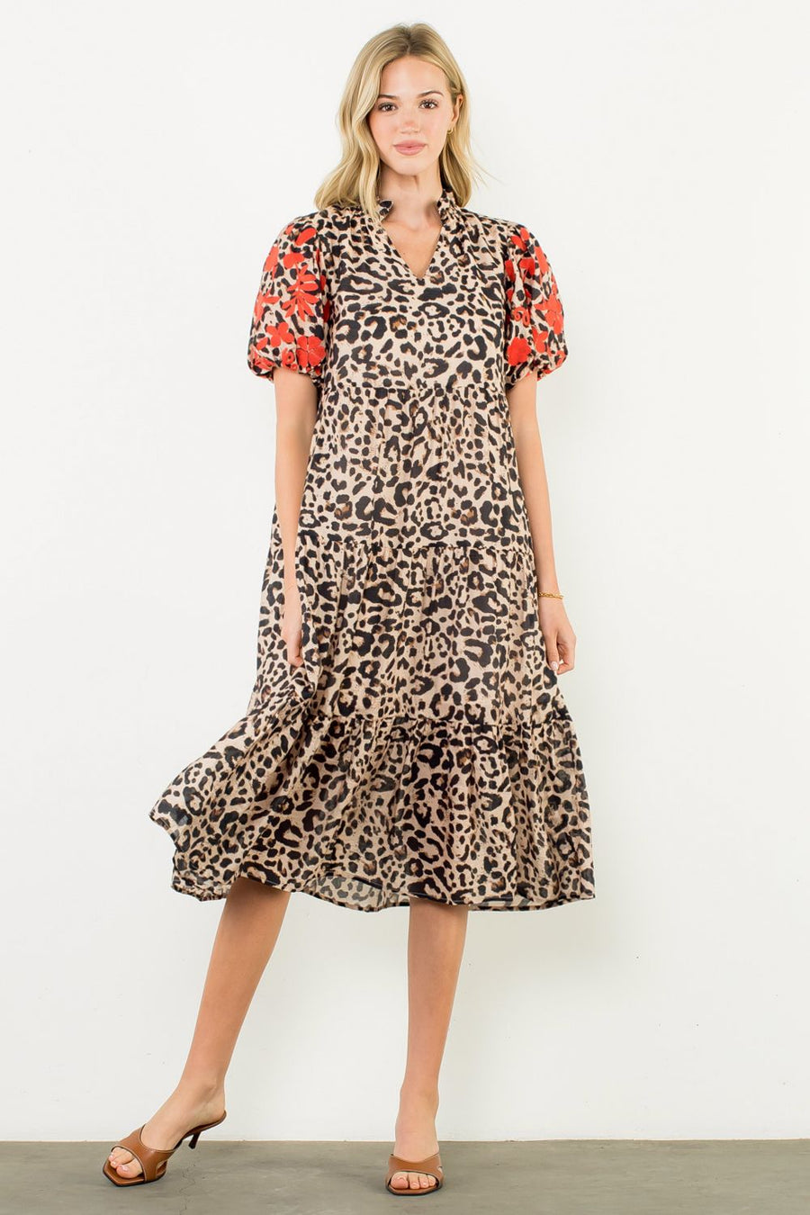 Kierra Embroidered Puff Sleeve Cheetah Midi Dress