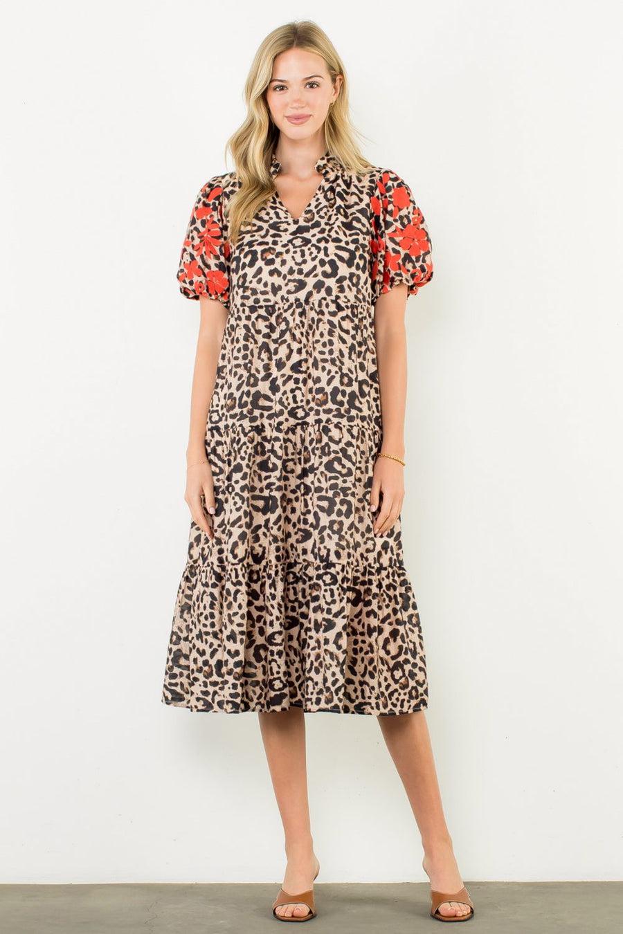 Kierra Embroidered Puff Sleeve Cheetah Midi Dress