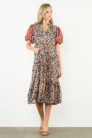 Kierra Embroidered Puff Sleeve Cheetah Midi Dress