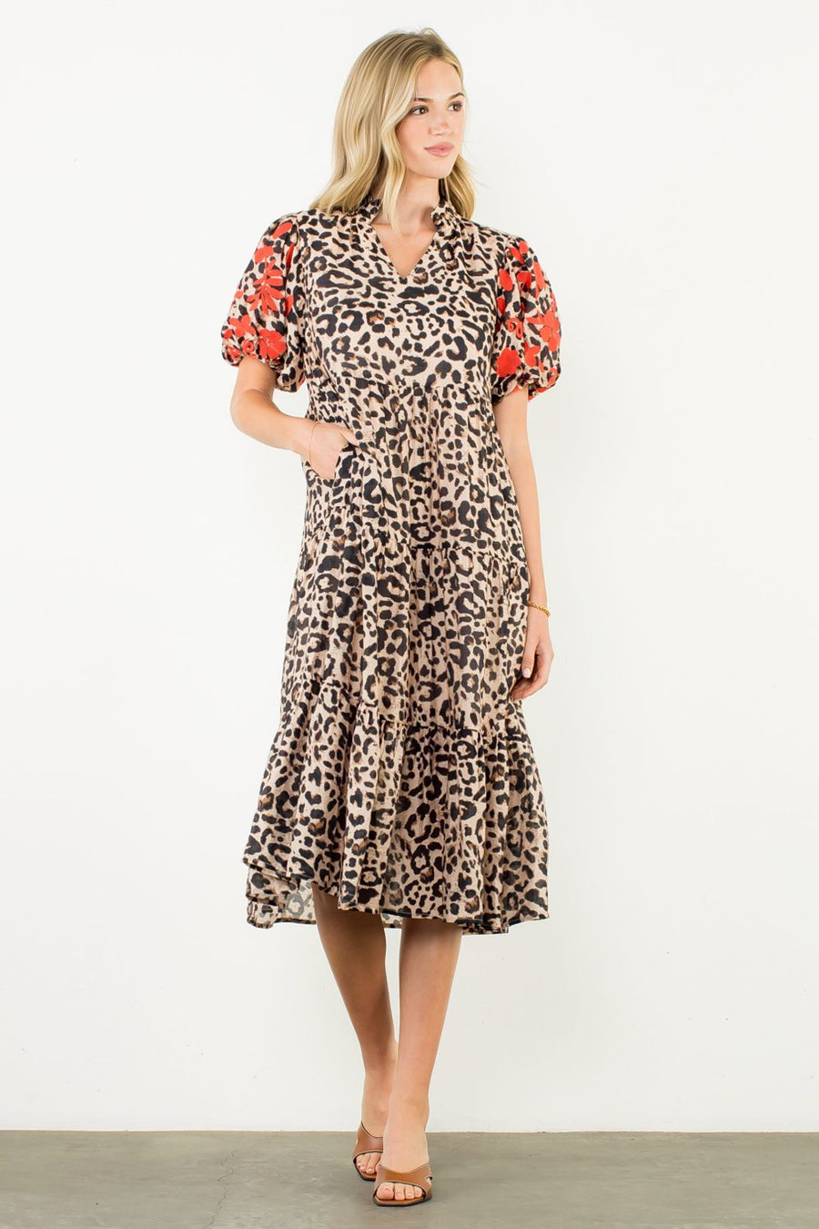 Kierra Embroidered Puff Sleeve Cheetah Midi Dress