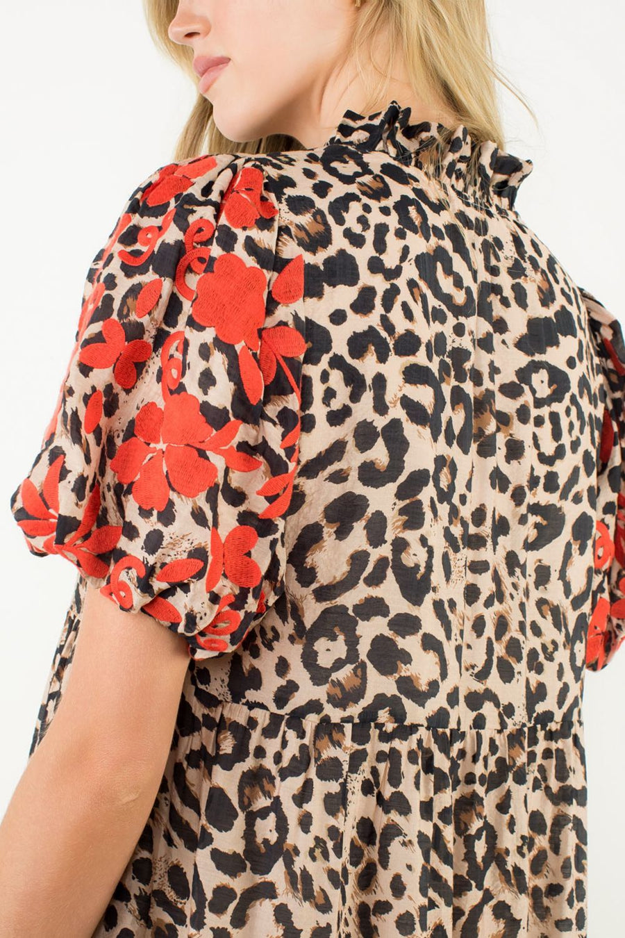 Kierra Embroidered Puff Sleeve Cheetah Midi Dress