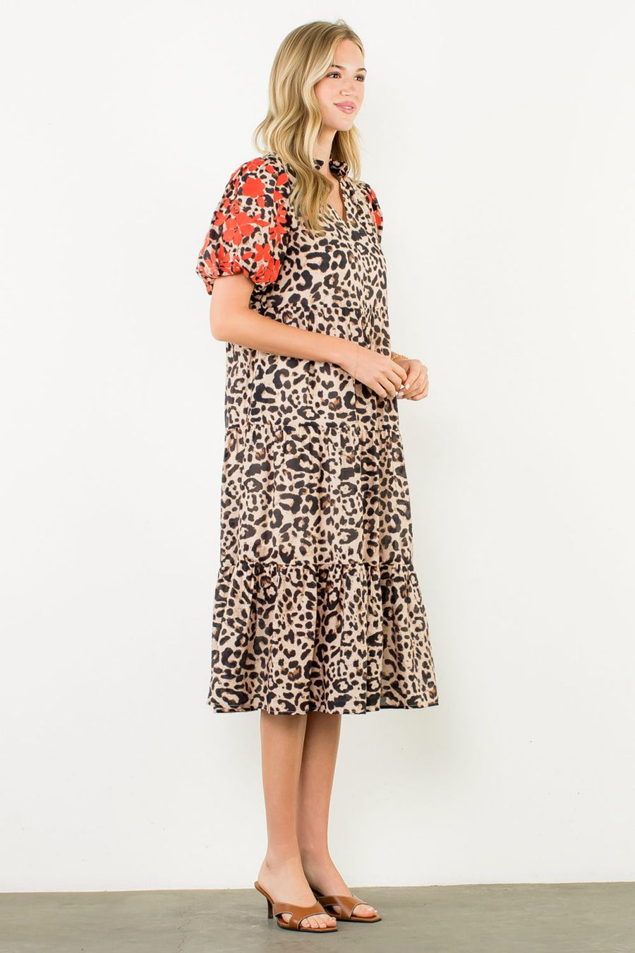 Kierra Embroidered Puff Sleeve Cheetah Midi Dress