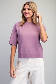 Arlene Mock Neck Solid Short Sleeve Sweater Top