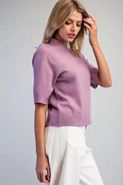 Arlene Mock Neck Solid Short Sleeve Sweater Top