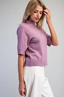 Arlene Mock Neck Solid Short Sleeve Sweater Top