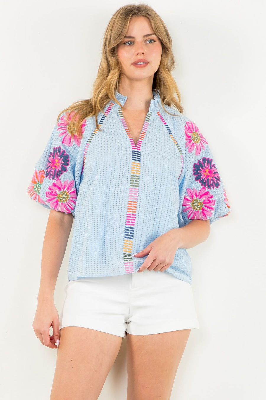 Bright Daisies Puff Sleeve Embroidered Top