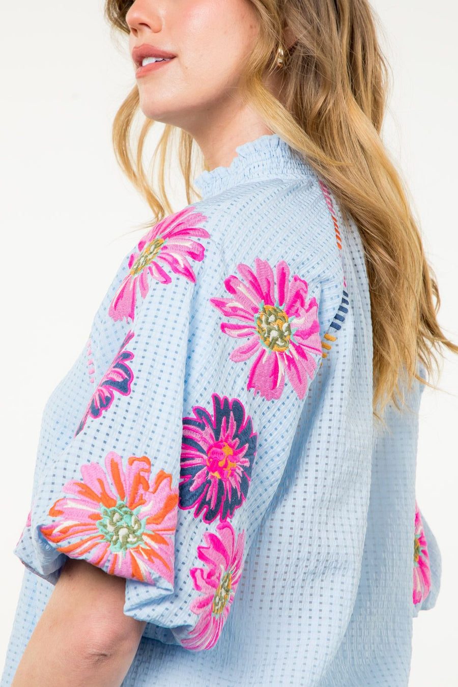 Bright Daisies Puff Sleeve Embroidered Top