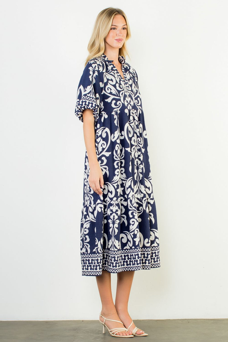 Brandelyn Puff Sleeve Baroque Print Midi Dress