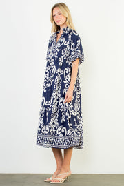 Brandelyn Puff Sleeve Baroque Print Midi Dress