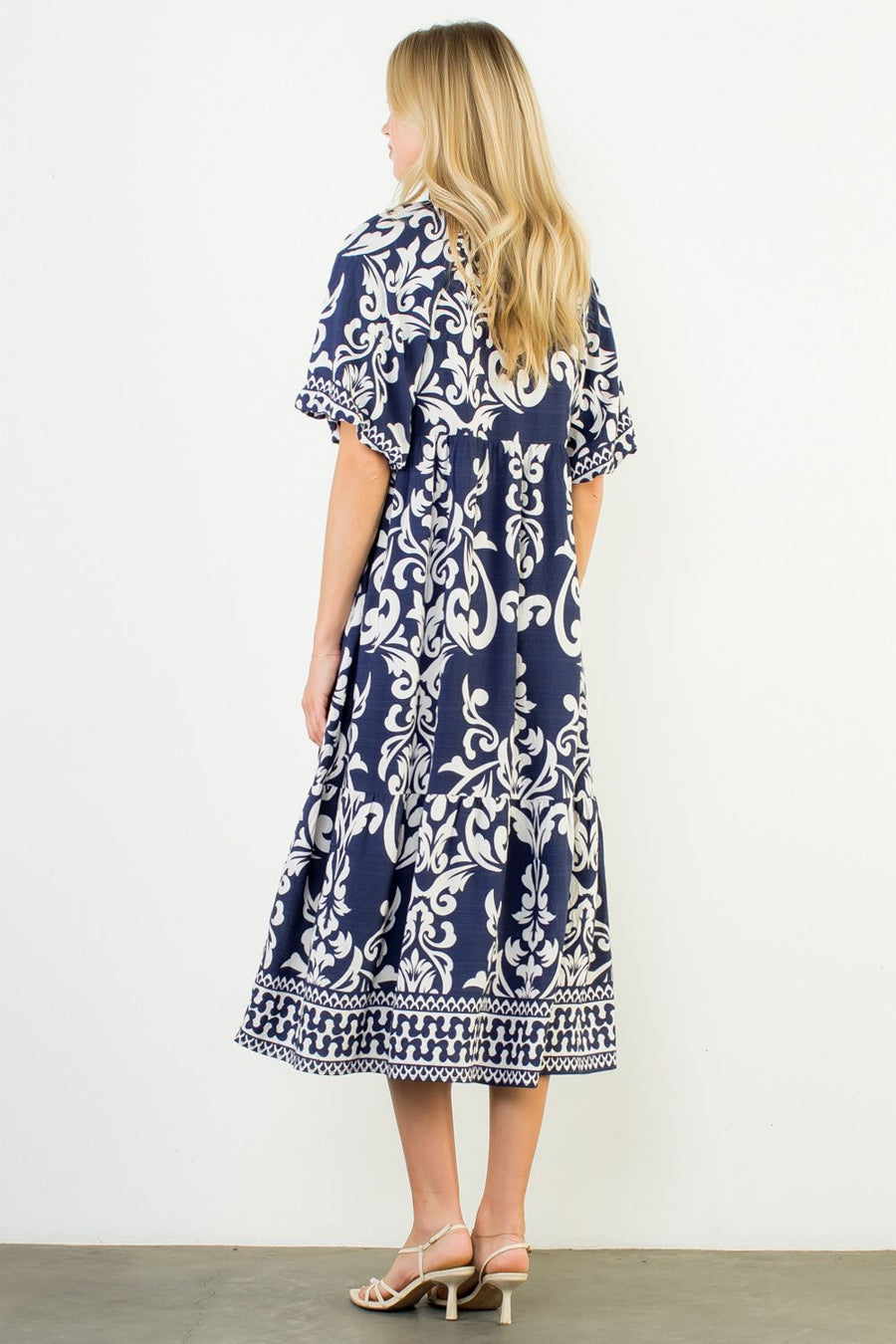 Brandelyn Puff Sleeve Baroque Print Midi Dress