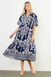 Brandelyn Puff Sleeve Baroque Print Midi Dress