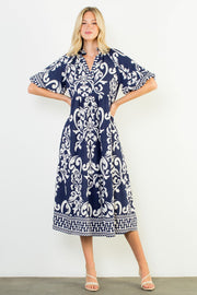 Brandelyn Puff Sleeve Baroque Print Midi Dress