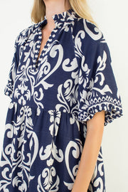 Brandelyn Puff Sleeve Baroque Print Midi Dress