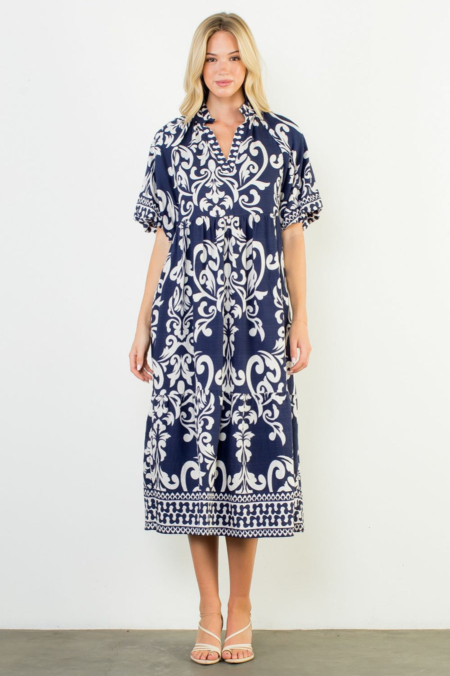 Brandelyn Puff Sleeve Baroque Print Midi Dress