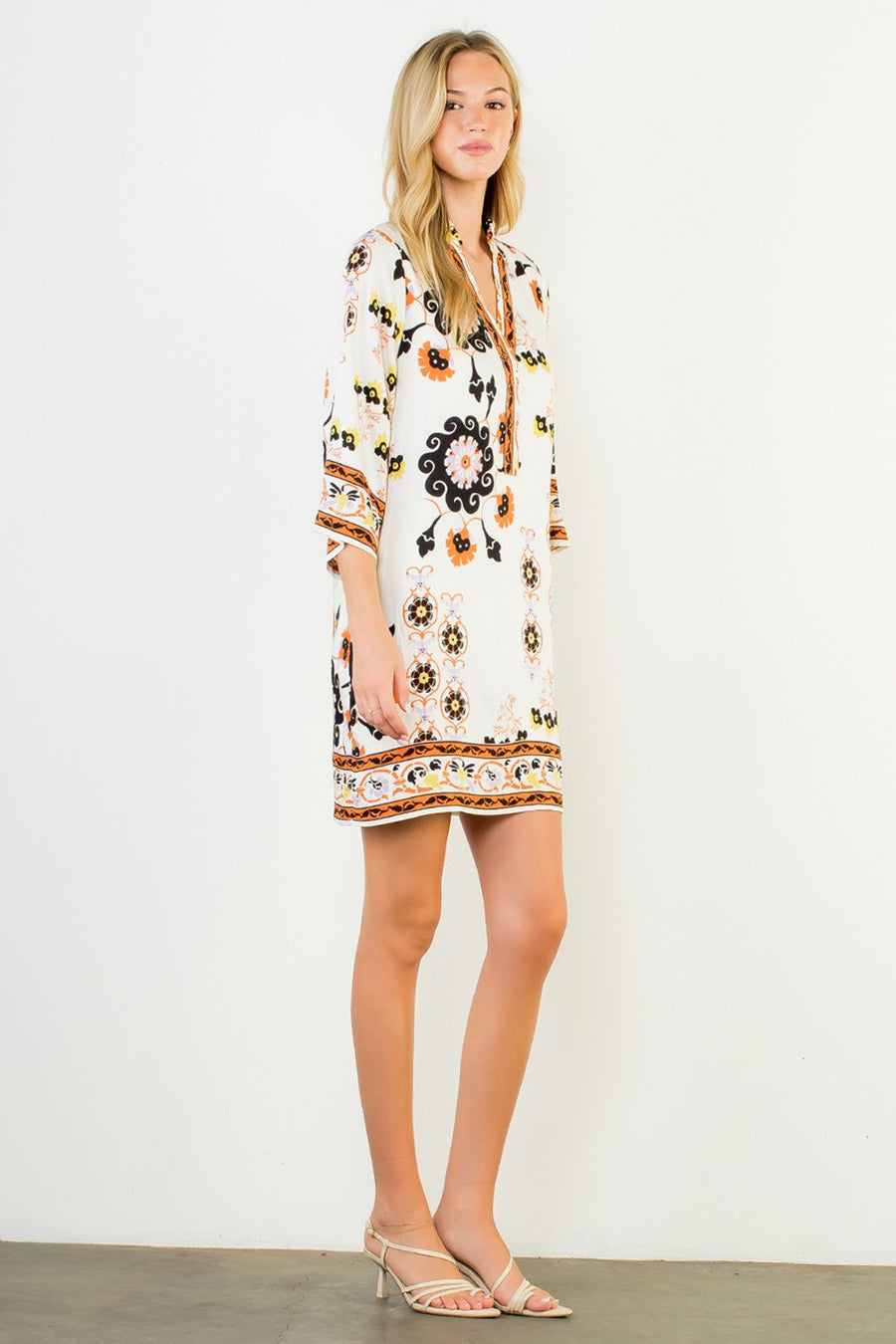 Pinwheel Floral Border Print Mini Tunic Dress